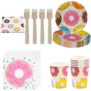 Roze Donuts Serviesset - 65 stuks - Papieren Borden Servetten Bekers - Verjaardagsbenodigdheden - Serviesset voor Babyshower Bruiloft Jubileum