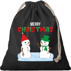 4x Kerst Sneeuwpoppen cadeauzakje zwart met sluitkoord - katoenen / jute zak - Kerst cadeauverpakking zakjes