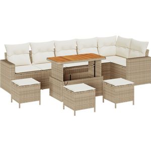 vidaXL - 10-delige - Ligbed - Set - met - Kussens - Beige - Poly - Rattan - Acacia