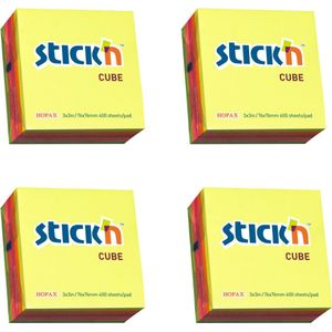Stick'n sticky notes Kubus memoblok - 4 pack - 76x76mm, neon assorti 5 kleuren, 1600 memoblaadjes