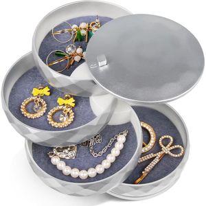 Sieradenkistje voor dames, 4 niveaus draaibaar, kan worden vergrendeld voor ringen, oorbellen, halsketting, verjaardag, meisjes, zilver