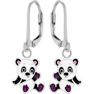 Oorbellen meisje | Zilveren kinderoorbellen | Zilveren oorhangers, vrolijke panda met paarse voetjes
