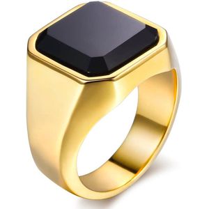 Zegelring Heren Goud kleurig met Zwarte Steen - Ringen Mannen - Heren Ring Heren - Valentijn Cadeautje voor Hem - Valentijnsdag voor Mannen Cadeautjes