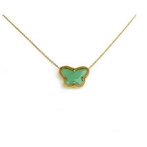 korte zilveren halsketting halssnoer collier geelgoud verguld Model Vlinder met munt groene steen