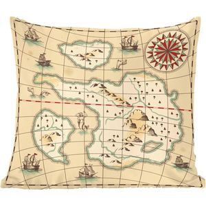 Sierkussens - Kussen - Kinderillustratie van een schatkaart met fantasie zeewezens en schepen - 50x50 cm - Kussen van katoen