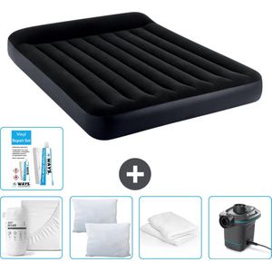 Intex Luchtbed - 2-Persoons - 152 x 203 x 25 cm - Donkerblauw - Inclusief Hoeslaken - Kussen - Pomp - Reparatieset en Kussenbeschermer