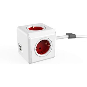 Power-Cube Extended DuoUSB DE - Stekkerkubus Met 4 Stopcontacten - 2 USB-Poorten - Bureau-Montagekit - 1-5M Kabel - Rood-Wit
