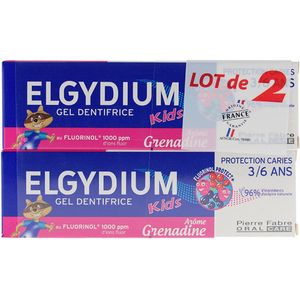 Elgydium Kids Tandpasta Gel Cariësbescherming 3/6 Jaar Set van 2 x 50 ml (Aroma : Grenadine)