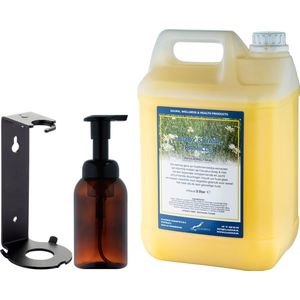 Zeepdispenser 300 ml amber bruin hervulbaar + 5 liter Body & Hair Kamille navulling (inclusief beugel)