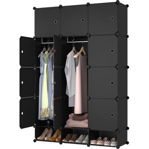 Lowander 3x5 vakkenkast 'Roma' zwart 165x111 cm - kunststof kledingkast met hangruimte / roomdivider afsluitbaar