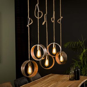 Hanglamp Loop in antiek nikkel | 5 lichts | 120x22x150 cm | in hoogte verstelbaar tot 150 cm | eetkamer / woonkamer | industrieel / vintage design
