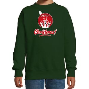 Rendier Kerstbal sweater / Kerst trui Merry Christmas groen voor kinderen - Kerstkleding / Christmas outfit 152/164