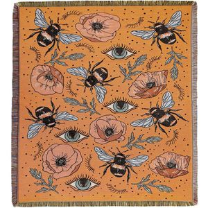 Oranje geweven deken met insecten en bloemen - kleed/wandkleed met print - 130 x 150 cm - jacquard deken - STUDIO Ivana