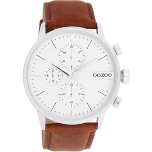OOZOO Timepieces - Zilverkleurige OOZOO horloge met bruine leren band - C11220