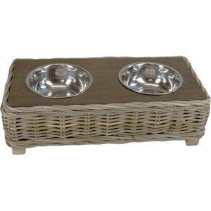 Rieten - Dieren Voerbak - Grijs Rotan - Eetbak - Voederbak - RVS - 60x30x20