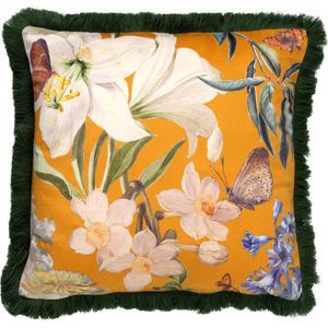 Dutch Decor HANNA - Kussenhoes velvet 45x45 cm - Golden Glow - geel - bloemen - vlinders - franjes - met rits