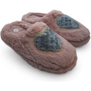 Roze fluffy ""Heart"" pantoffels - maat 40 - faux fur huisslippers - zachte open sloffen vrouwen en meisjes - damespantoffels - instappers