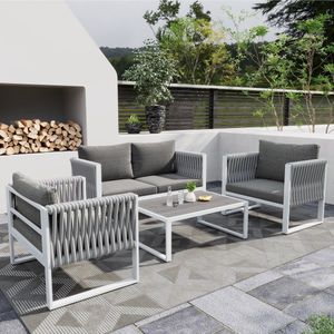 Sweiko Tuin Lounge Set met gegalvaniseerd ijzeren frame, Touw tuinmeubilair set, Dikke touw lounge set met zitkussens, Verstelbare voeten, 4-delige set, Alle kussens inbegrepen, Met WPC tafel