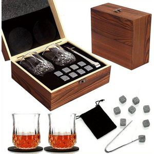 HR Goods - Whisky Gift Set - Perfect cadeau voor Vaderdag of verjaardag - Geschenkverpakking van hout - 2 onderzetters - 2 kristallen glazen - 8 granietstenen voor koelen - 1 zakje voor opbergen stenen - 1 tang