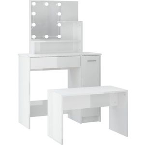 The Living Store Kaptafelset met LED's bewerkt hout hoogglans wit - Kaptafel - Make-up Tafel - Dressing Table - Led Verlichting - Hoofdglaas