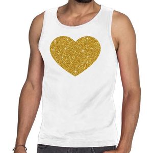 Gouden hart glitter tanktop / mouwloos shirt wit heren - heren singlet Gouden hart XXL