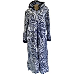 Dames badjas fleece extra lang rits met zakken en capuchon L/XL donkerblauw-wit