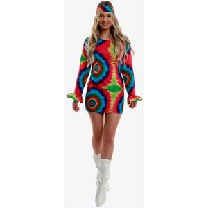 Karnival Costumes Retro Hippie Kostuum Vrouwen Foute Party 60's 70's Carnavalskleding Dames Carnaval - Polyester - Maat M - 3-Delig Jurk/Hoofdband/Laarscovers