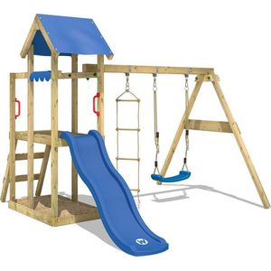 WICKEY speeltoestel klimtoestel TinyPlace met schommel en blauwe glijbaan, outdoor speeltoestel voor kinderen met zandbak, ladder & speelaccessoires voor de tuin