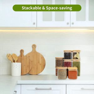 Voorraadpotten Glas 12-delige, 430ml/600ml Voorraadpotten Glazen Pot met Bamboedeksel, Stapelbare Bewaarpotten Voorraaddozen Glas Keuken voor Specerijen, Thee, Suiker, Kruiden