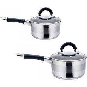 2 x steelpan / sauspan - steelpan met deksel - Ø12 en Ø16 cm - RVS - 0,5 liter en 1,5 liter