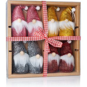 BRUBAKER 8-delige Set Kerstkabouters Gemaakt van Hout en Breiende Boomhanger Kersthanger 10,5 cm in Geschenkdoosje