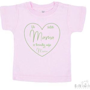 Soft Touch T-shirt Shirtje Korte mouw ""De liefste mama is toevallig mijn mama"" Unisex Katoen Roze/sage green (salie groen) Maat 62/68
