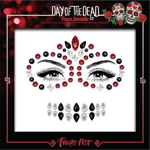 Rode/zwarte Day of the Dead sugar skull make-up steentjes set voor dames/volwassenen - Halloween/horror schmink verkleedaccessoires