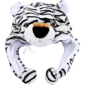 Witte tijger muts flappen oortjes - tijgerprint pluche bontmuts wit
