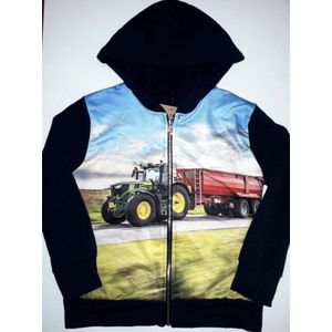 Kinder vest met John Deere tractor trekker + aanhanger Kleur blauw maat 146/152