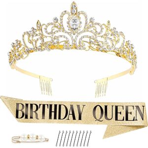 Partizzle Gouden Verjaardagskroon Tiara met Glitter Sjerp - Birthday Queen - Happy Sweet 16 Girl - Verjaardag Versiering Kroon - Volwassenen / Tieners - Zwart en Goud