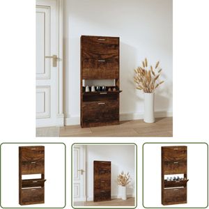 The Living Store Schoenenkast - Gerookt eiken - 59 x 17 x 150 cm - Neerklapbare lades