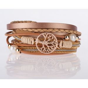 Armband Dames Rosegoud 21,5cm - Leren  Wikkelarmband Galeara design Rosekleurig met Zand tinten Dames Levensboom Galeara design