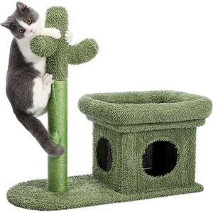 Polaza®️ Krabpaal Voor Katten - Met Huisje - Kat Krabmeubel Met Cactus Design - Krabpalen - Kattenspeeltjes - Met Balletje - Huisdier - Groen