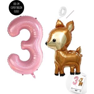 Snoes - Bambi Basis ballon set XXL Cijferballon Baby Pink 3 - Lief Hert + Cijfer Ballon 3 Jaar - Helium Geschikt