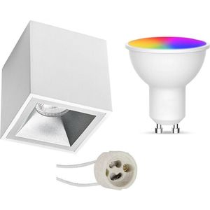 Opbouwspot Set GU10 - Oficto - Smart LED - Wifi LED - Slimme LED - 5W - RGB+CCT - Aanpasbare Kleur - Dimbaar - Afstandsbediening - Proma Cliron Pro - Opbouw Vierkant - Mat Wit/Zilver - Verdiept - 90mm