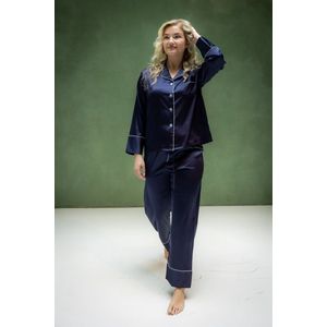 Pyjama satijn dames - Meest verkocht! donkerblauw, maat XS/S superzacht satijn, Uniek cadeau vrouw,