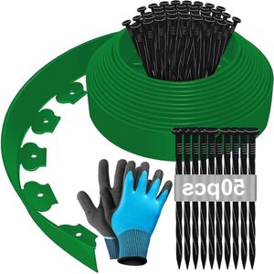 Flexibele 10 m hoge kunststof tuinrand - voor buiten - maairand met handschoenen en 50 nagels - groen