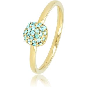 My Bendel Ring goudkleurig met aqua zirkonia steentjes - Fijne aanschuifring met aqua glasstenen, gemaakt van mooi blijvend edelstaal - Met luxe cadeauverpakking