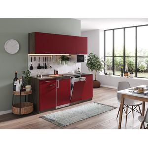 Goedkope keuken 195  cm - complete keuken met apparatuur Oliver  - Donker eiken/Rood  - elektrische kookplaat - vaatwasser  - magnetron  - spoelbak