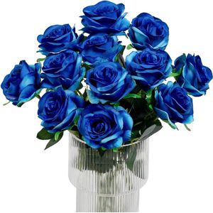 12 stuks kunstbloemen - realistische kunstrozen - bruiloft en woondecoratie - blauw - zijde