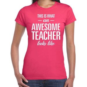 Bellatio Decorations cadeau t-shirt dames - awesome teacher - lerares bedankje - juffendag - roze M