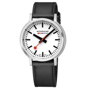 Mondaine MST.4101B.LBV Stop2go Horloge - Stationsklok - Saffierglas - Staal/Kunstleer - Zilver/Zwart - 41 mm breed - Quartz - Gesp - 3 ATM (spatwater)