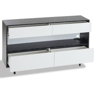 150 x 35 x 89,5 cm dressoir in marmerdesign met open opbergruimte, 4 lades en ledverlichting, metalen frame en kantelbeveiliging, opbergmeubel voor keuken, woonkamer