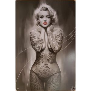 Marilyn Monroe staand Tattoo Reclamebord van metaal METALEN-WANDBORD - MUURPLAAT - VINTAGE - RETRO - HORECA- BORD-WANDDECORATIE -TEKSTBORD - DECORATIEBORD - RECLAMEPLAAT - WANDPLAAT - NOSTALGIE -CAFE- BAR -MANCAVE- KROEG- MAN CAVE